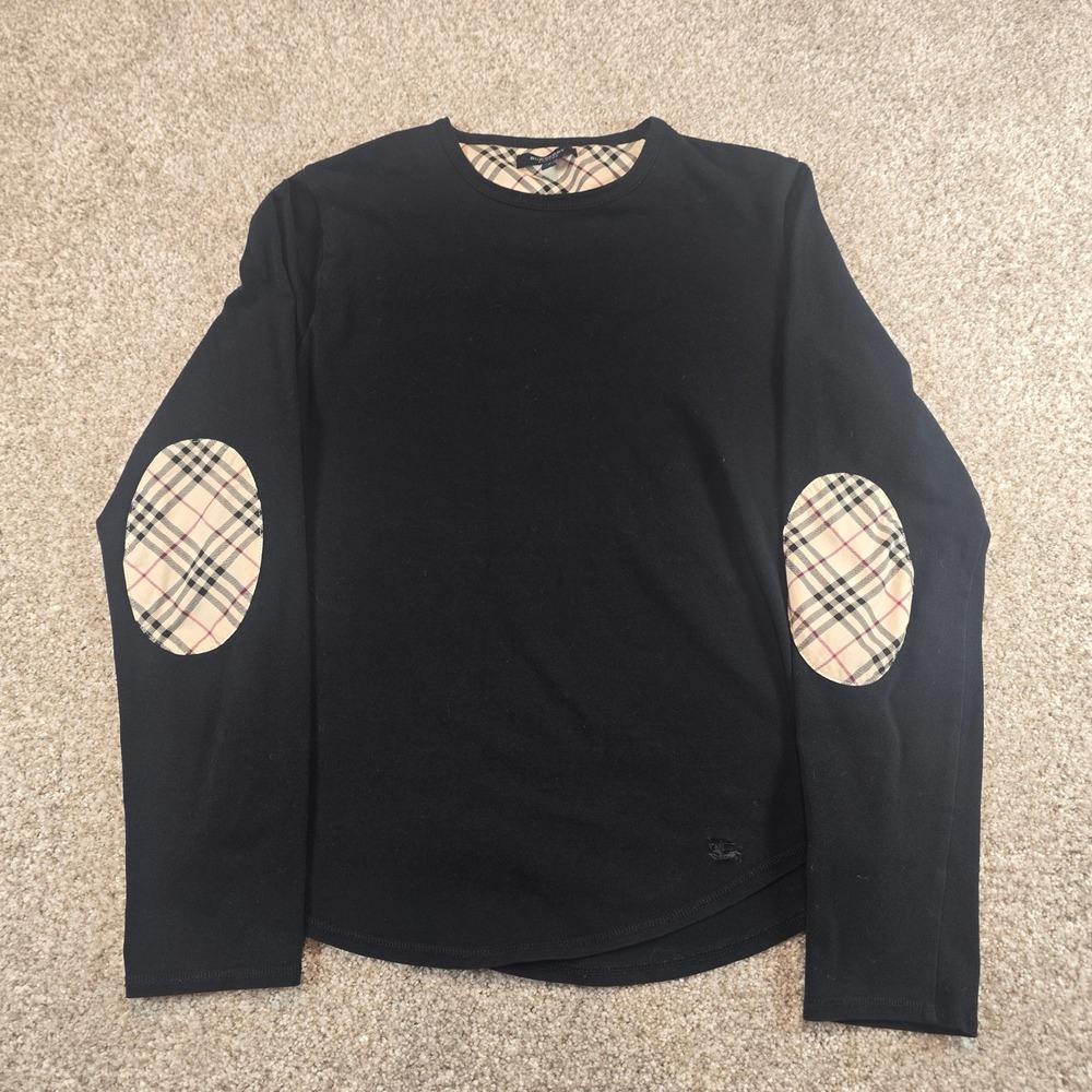 Burberry London Black Long Sleeve Top Nova Check Elbow Patches Mens L